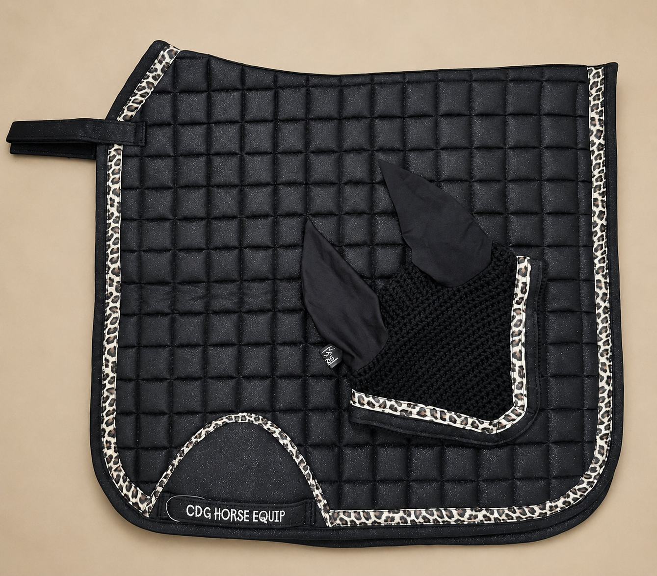 Black Glitter Leopard Dressage Saddle Pad & Ear Bonnet