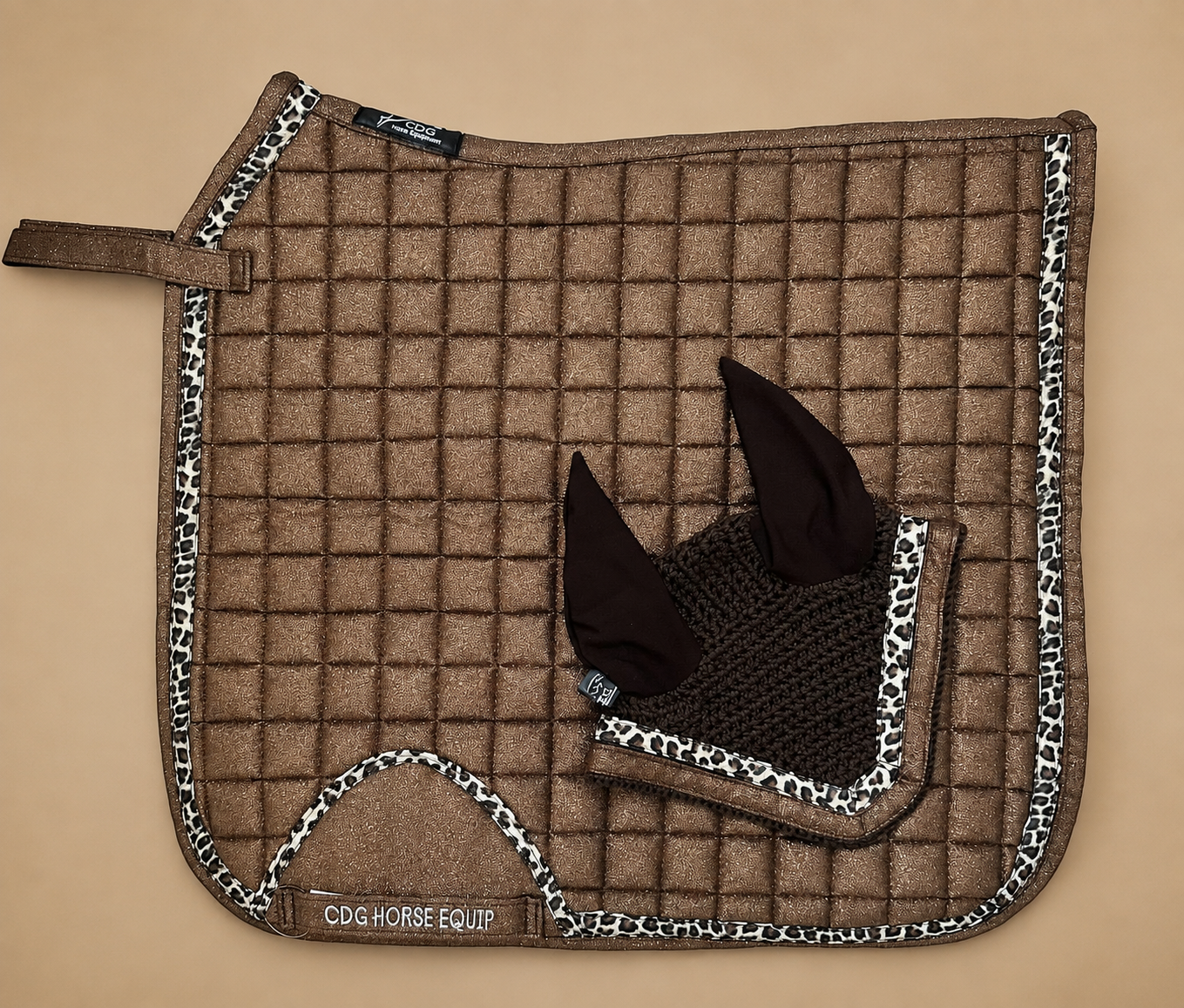Brown Glitter Leopard Dressage Saddle Pad & Ear Bonnet