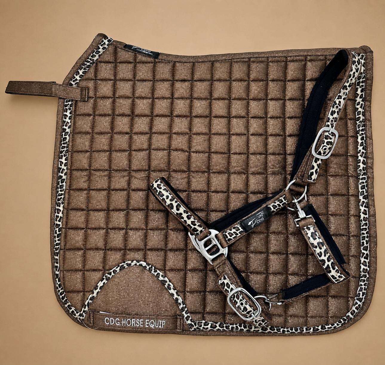 Brown Glitter Leopard Dressage Saddle Pad & Halter