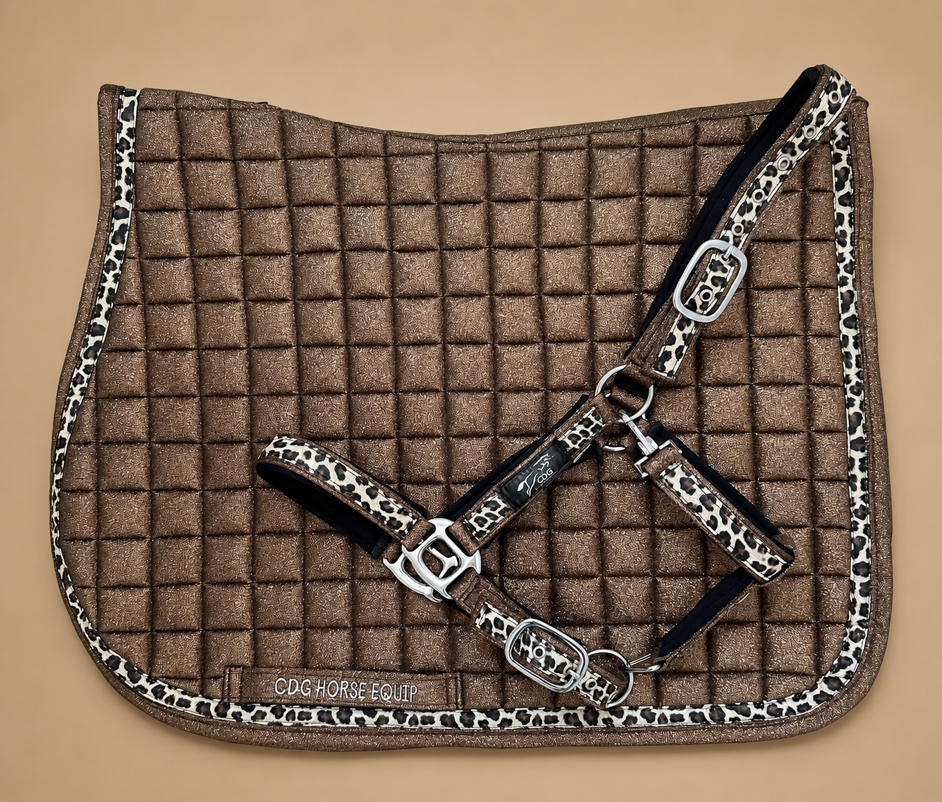 Brown Glitter Leopard Jumping Saddle Pad & Halter