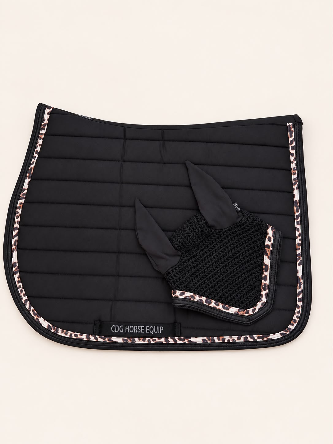 Laura Black Glitter Leopard Saddle Pad & Ear Bonnet