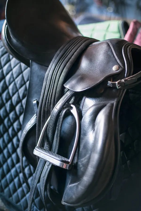 Black leather saddle, stirrup and quilted saddle pad at the market