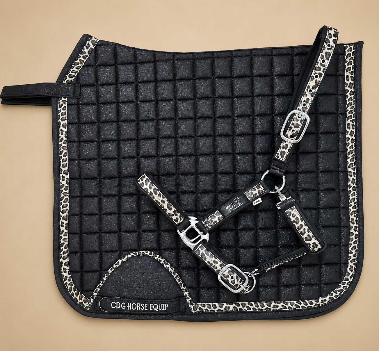 Black Glitter Leopard Dressage Saddle Pad & Halter