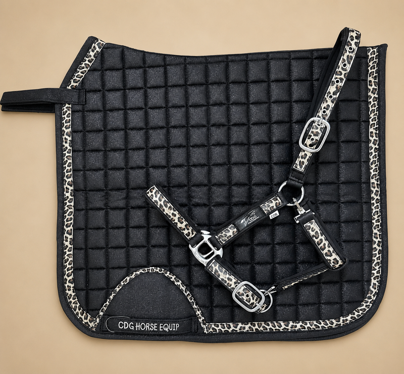 Black Glitter Leopard Dressage Saddle Pad & Halter