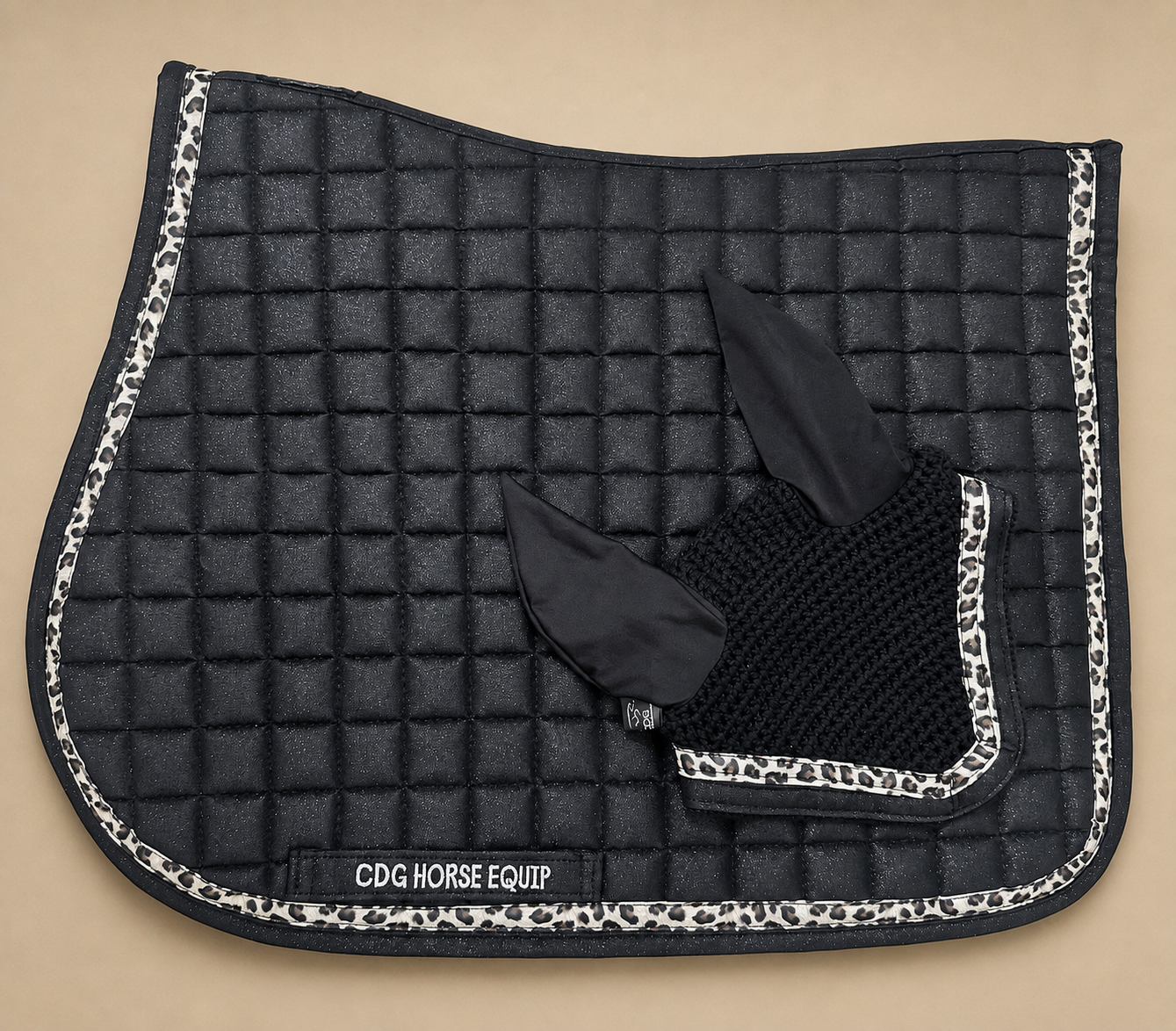Black Glitter Leopard Jumping Saddle Pad & Ear Bonnet