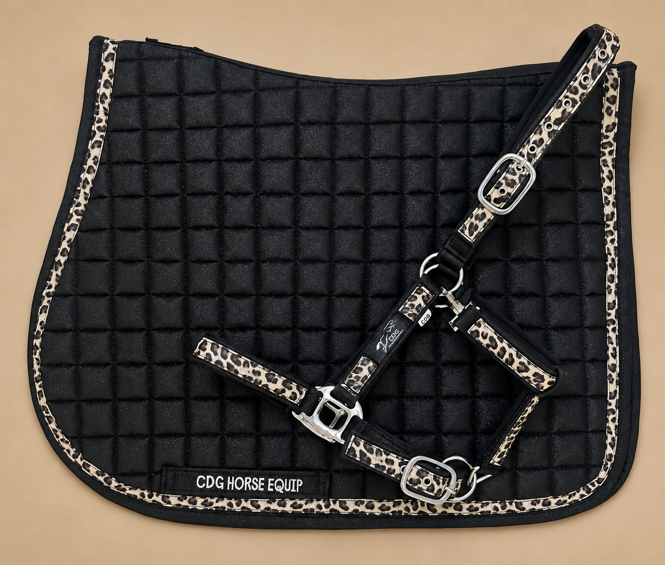 Black Glitter Leopard Jumping Saddle Pad & Halter