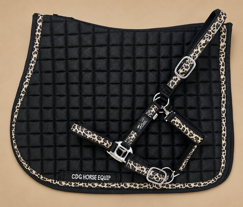 Black Glitter Leopard Jumping Saddle Pad & Halter