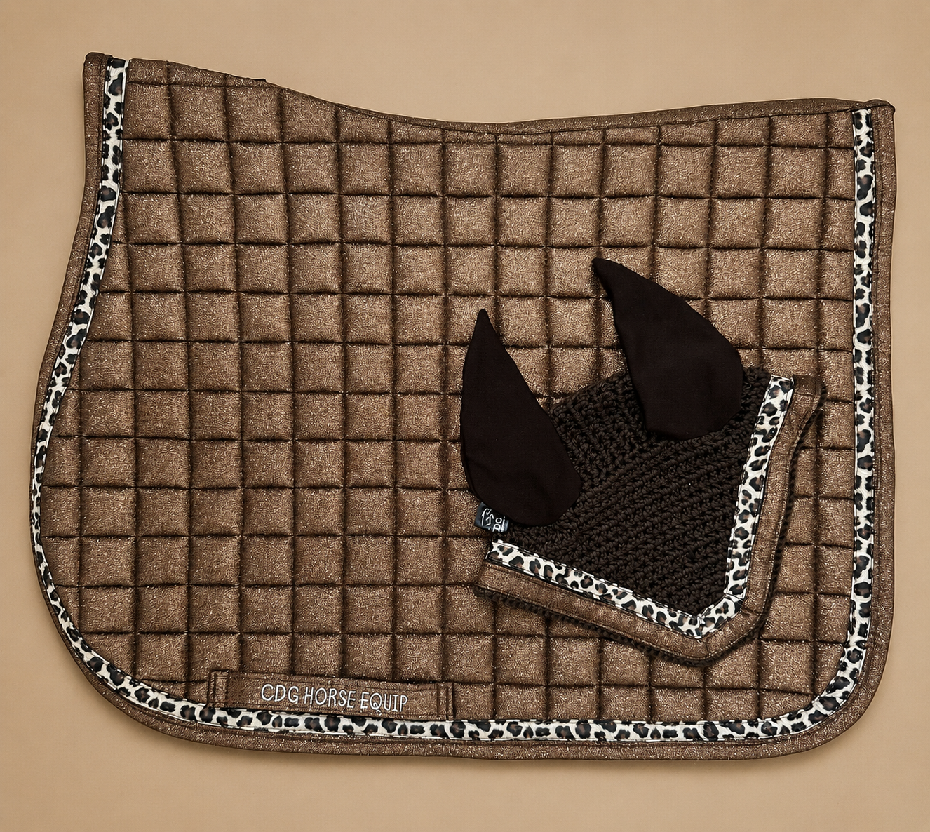 Brown Glitter Leopard Jumping Saddle Pad & Ear Bonnet