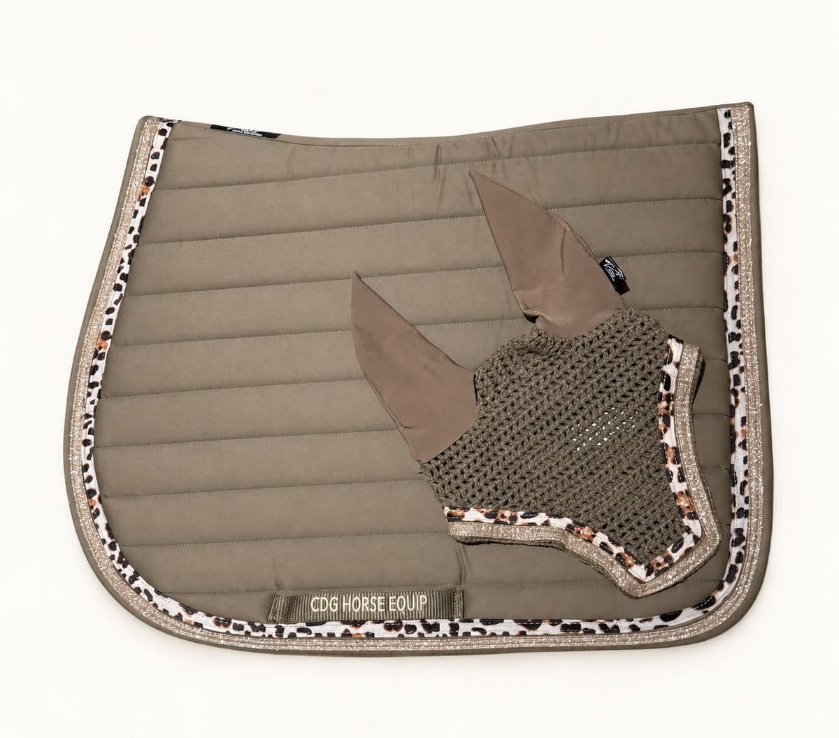 Laura Taupe Glitter Leopard Saddle Pad & Ear Bonnet