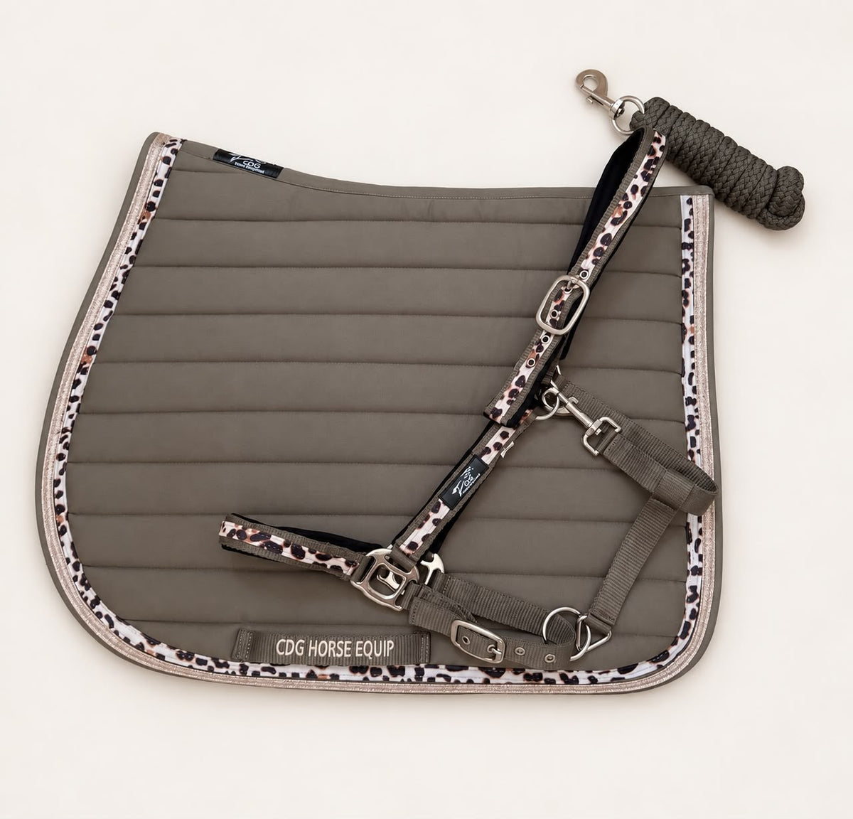 Laura Taupe Glitter Leopard Saddle Pad & Halter