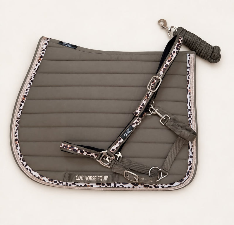 Laura Taupe Glitter Leopard Saddle Pad & Halter