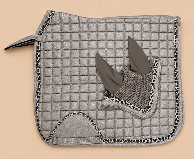 Sand Glitter Leopard Dressage Saddle Pad & Ear Bonnet