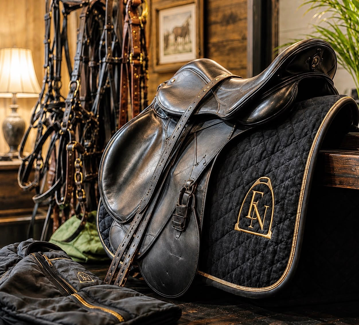 A black leather saddle with a monogrammed Equestrinations saddle pad, bridles and a rug in a tack room
